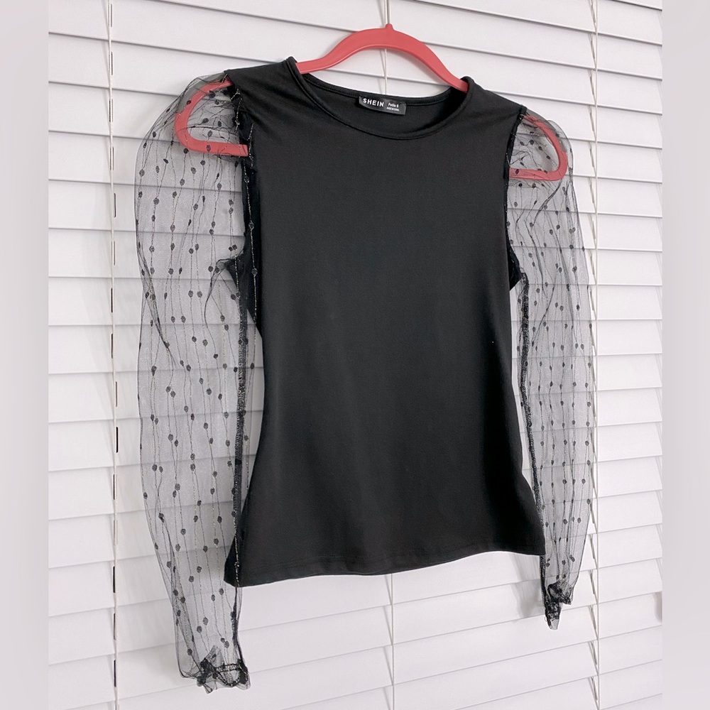 SHEIN Petite Black mesh puff sleeve top